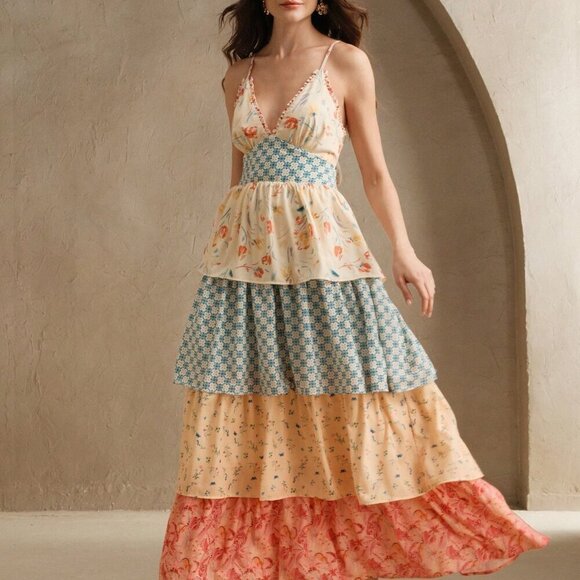 Apricot Boho Women's Floral Print Patchwork Style Long Dress - Picture 1 of 7